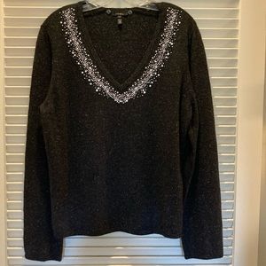 Escada Cashmere black speckled pearl rhinestone v neck sweater sz L